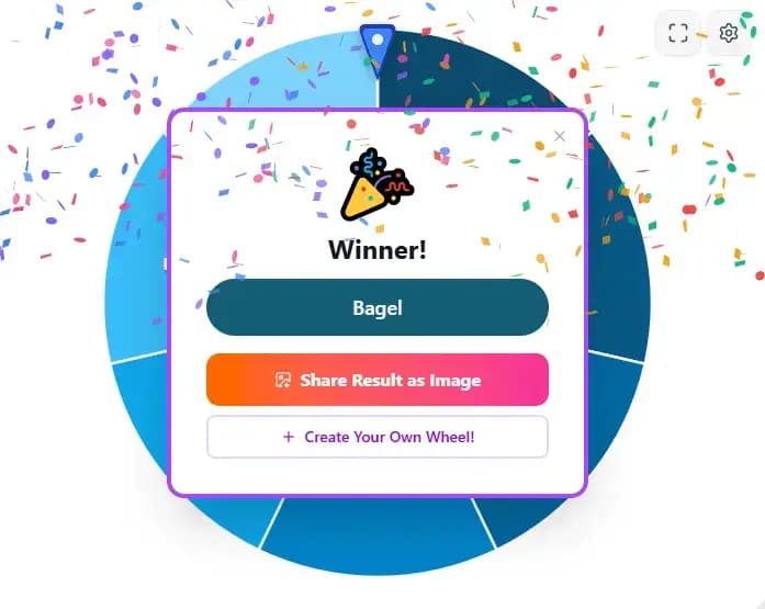 Result screen showing the winner after spinning the wheel